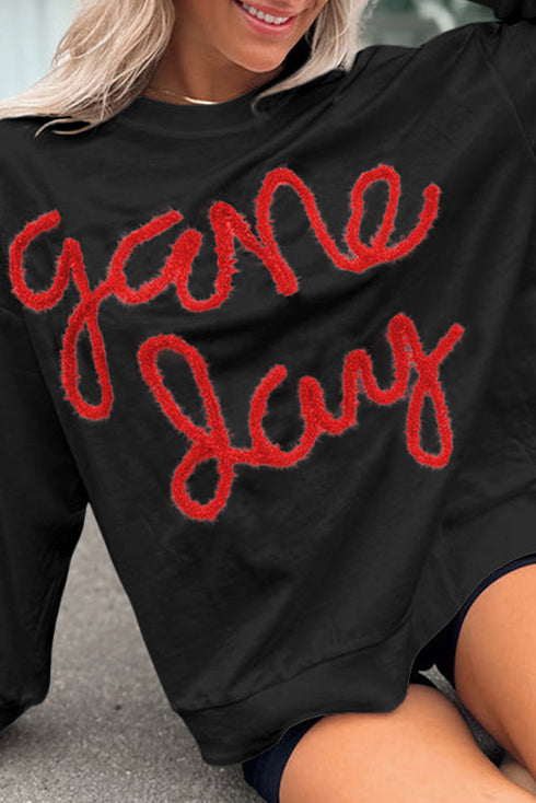 Graphic Textured Script Crew Neck Pullover Sweatshirt