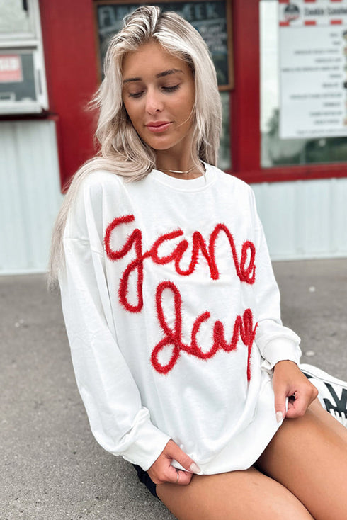Graphic Textured Script Crew Neck Pullover Sweatshirt