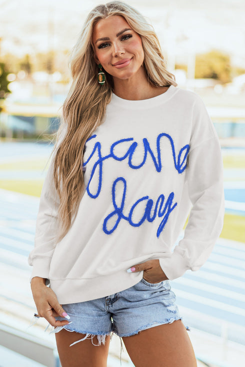 Graphic Textured Script Crew Neck Pullover Sweatshirt