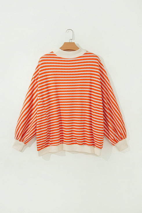 Graphic Textured Stripe Mock Neck Oversized Top