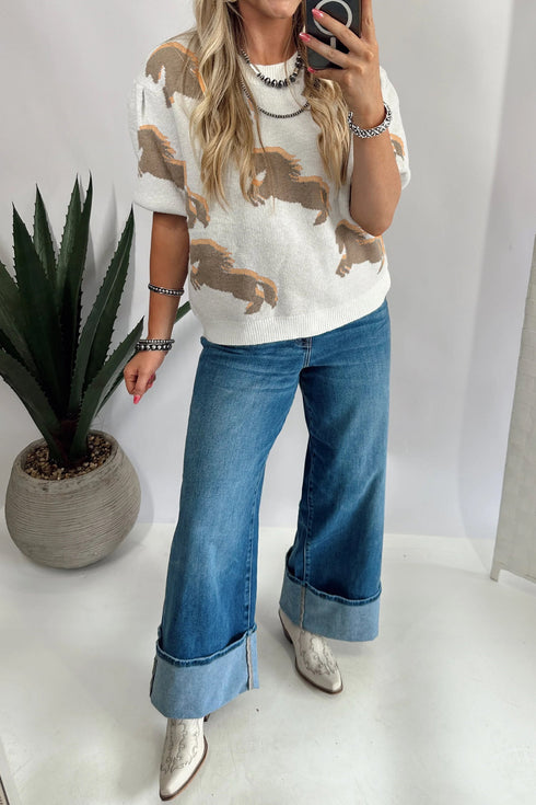 Graphic Western Horse Print Puff Short Sleeve Sweater