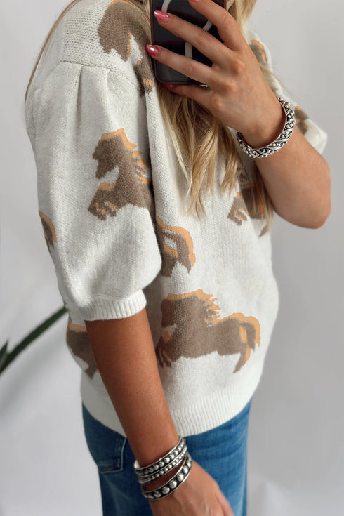 Graphic Western Horse Print Puff Short Sleeve Sweater