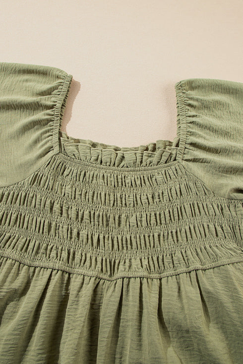 Grass Green Frilly Square Neck Flutter Sleeve Smocked High Waist Plus Size Dress