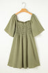 Grass Green Frilly Square Neck Flutter Sleeve Smocked High Waist Plus Size Dress