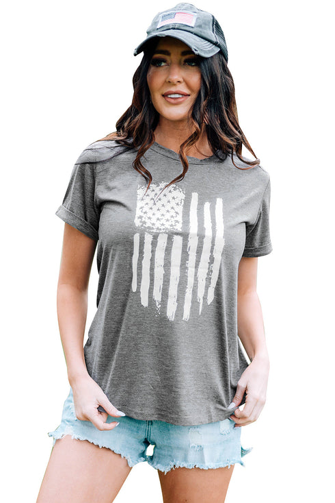 Gray America Flag Print Short Sleeve Crewneck T-Shirt