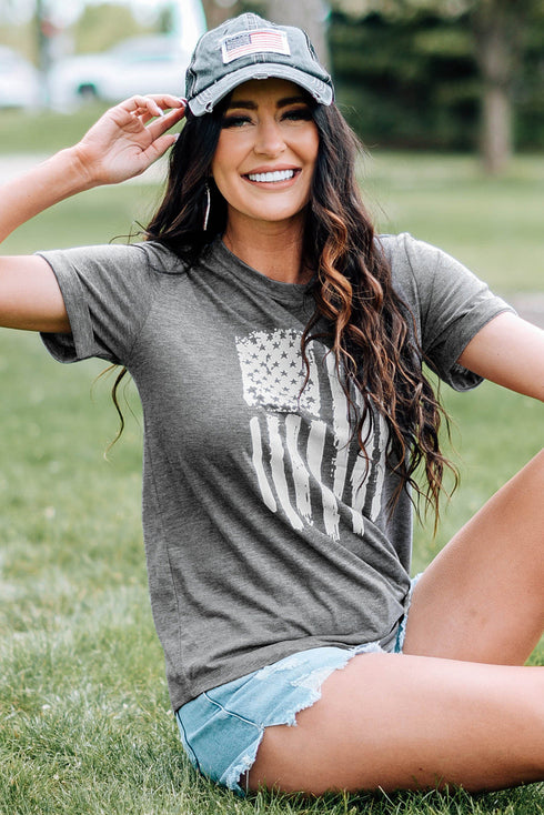 Gray America Flag Print Short Sleeve Crewneck T-Shirt