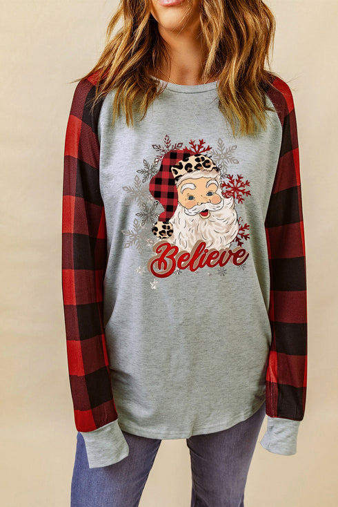 Gray Believe Santas Buffalo Plaid Sleeve Pullover Sweatshirt