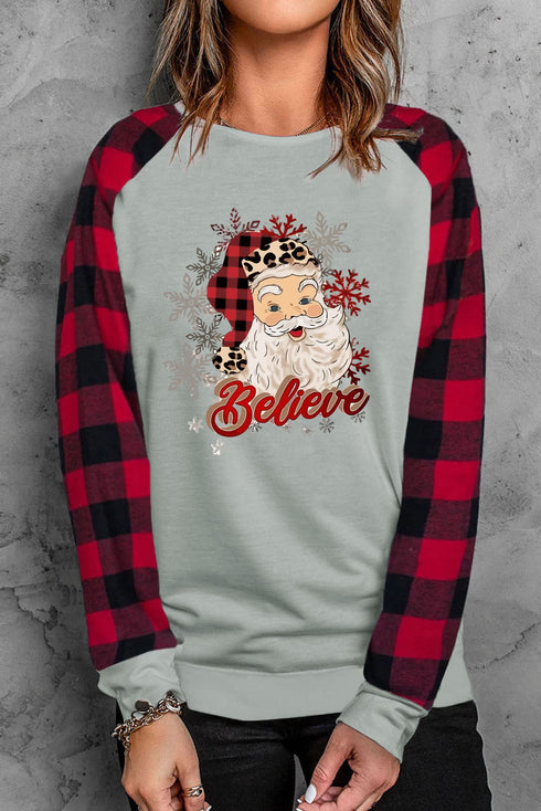 Gray Believe Santas Buffalo Plaid Sleeve Pullover Sweatshirt