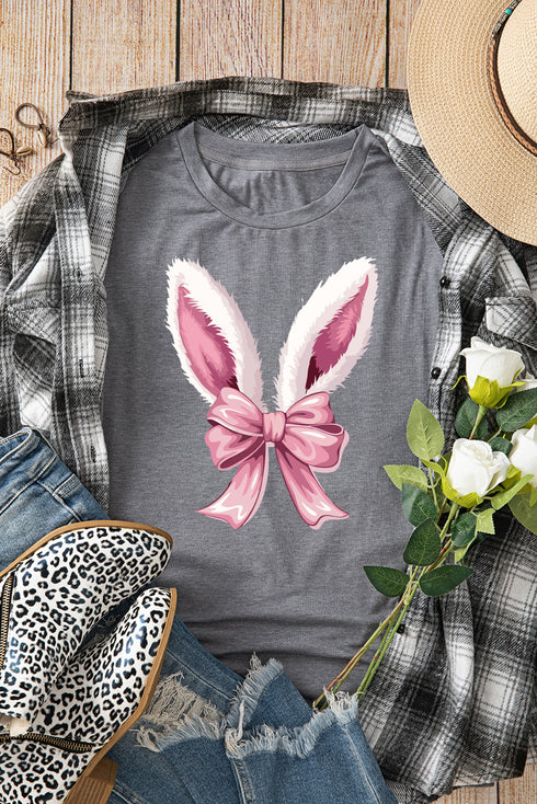 Gray Bunny Ear Bow Printed Easter Fashion T Shirt