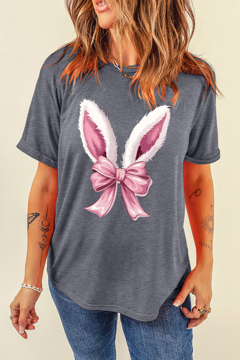 Gray Bunny Ear Bow Printed Easter Fashion T Shirt