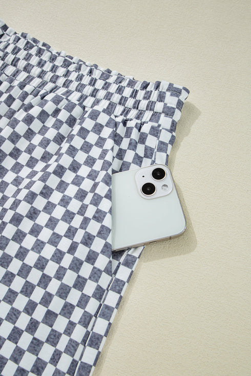 Gray Checkerboard Lace-Up High Waist Plus Size Casual Shorts