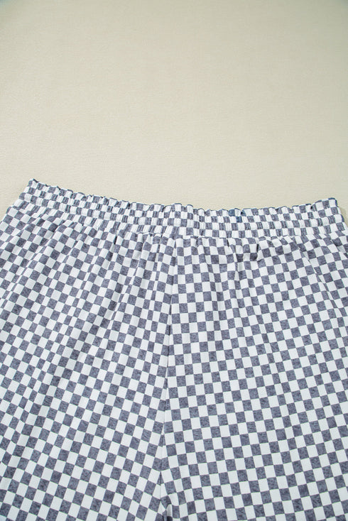 Gray Checkerboard Lace-Up High Waist Plus Size Casual Shorts