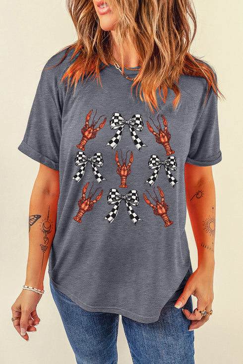 Gray Checkered Bow Crawfish Printed Summer Tee