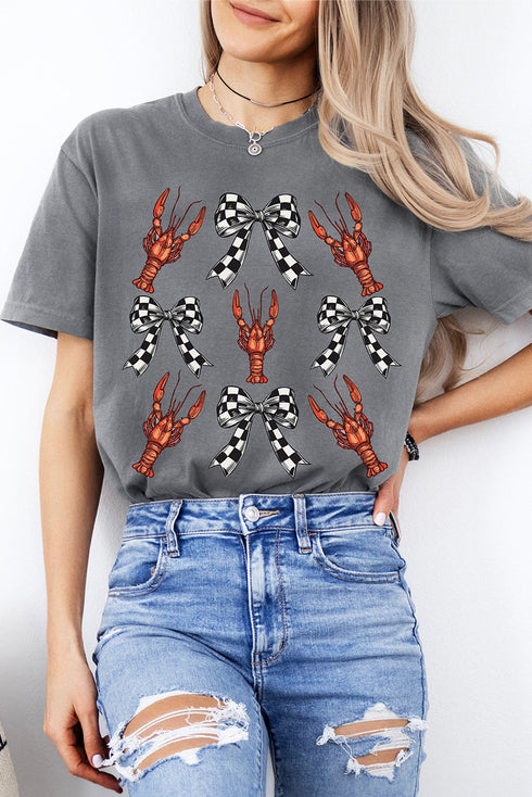 Gray Checkered Bow Crawfish Printed Summer Tee