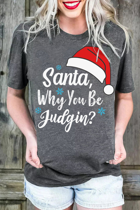 Gray Christmas Santa Hat Snowflake Letter Print Graphic Tee