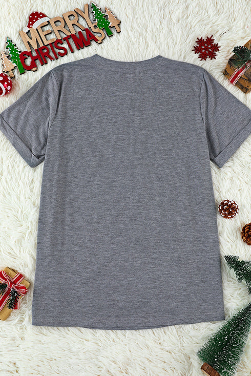 Gray Christmas Santa Hat Snowflake Letter Print Graphic Tee