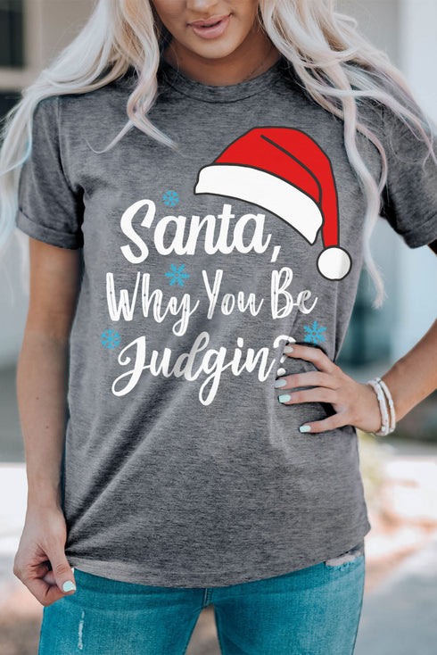 Gray Christmas Santa Hat Snowflake Letter Print Graphic Tee