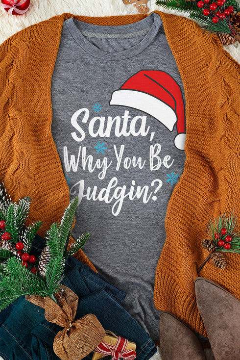 Gray Christmas Santa Hat Snowflake Letter Print Graphic Tee