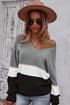 Gray Colorblock V Neck Sweater