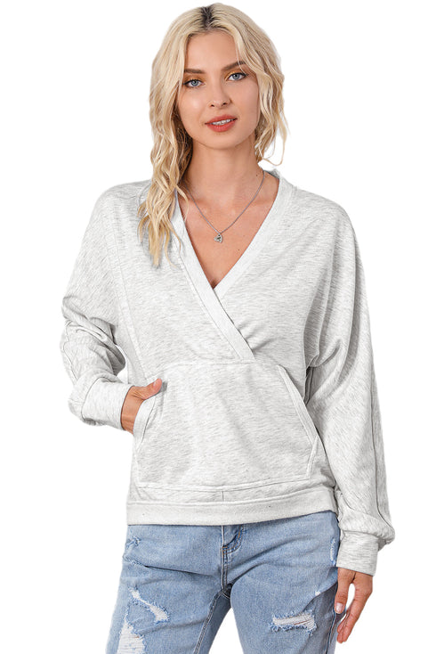 Gray Contrast Trim V Neck Wrap Sweatshirt with Pocket