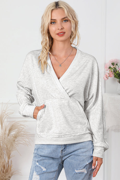 Gray Contrast Trim V Neck Wrap Sweatshirt with Pocket