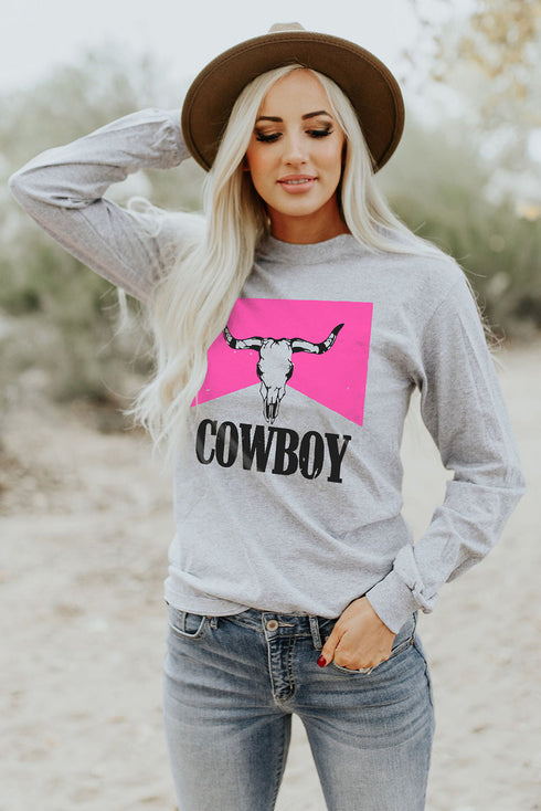 Gray Cowboy Steer Skull Color Block Long Sleeve Top