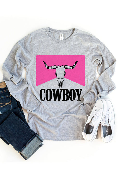 Gray Cowboy Steer Skull Color Block Long Sleeve Top