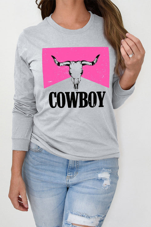 Gray Cowboy Steer Skull Color Block Long Sleeve Top