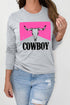 Gray Cowboy Steer Skull Color Block Long Sleeve Top