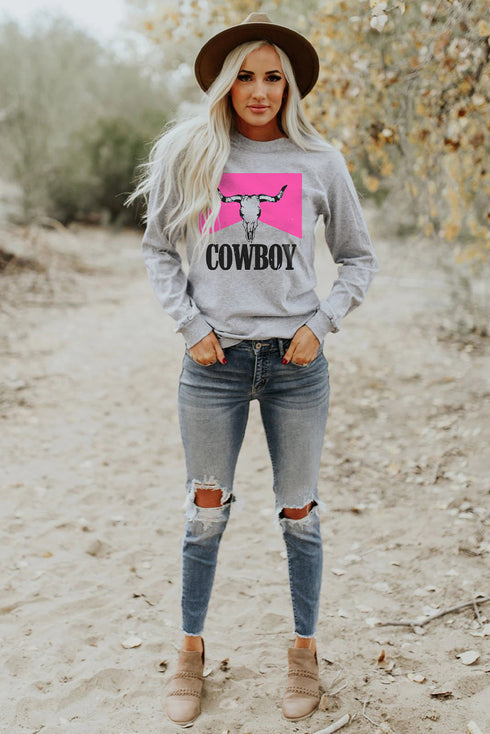 Gray Cowboy Steer Skull Color Block Long Sleeve Top