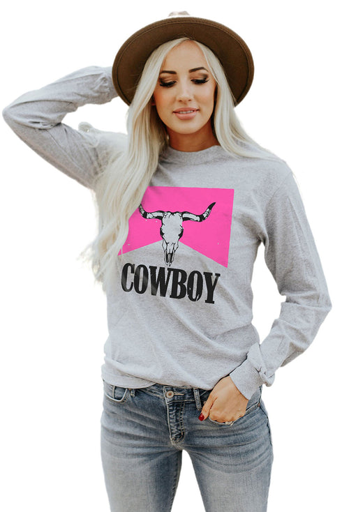 Gray Cowboy Steer Skull Color Block Long Sleeve Top