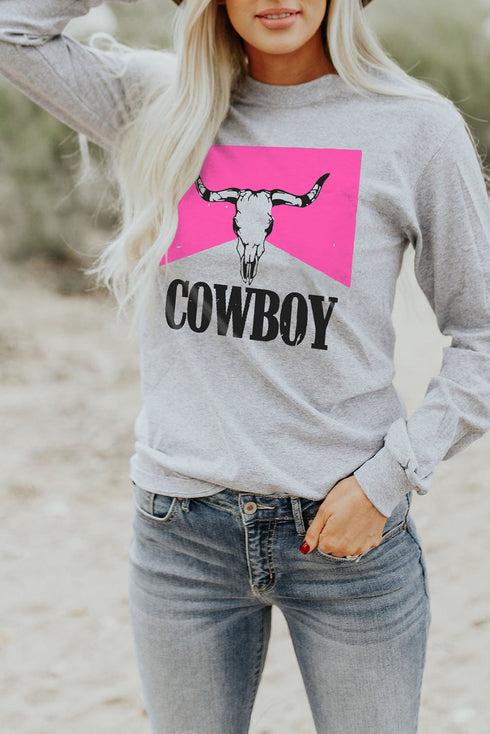 Gray Cowboy Steer Skull Color Block Long Sleeve Top