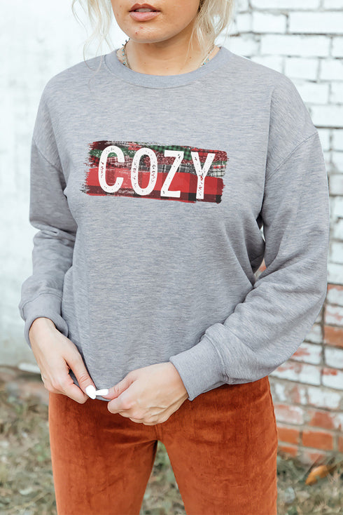 Gray Cozy Plaid Print Long Sleeve Pullover Sweatshirt