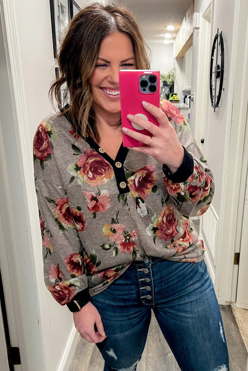 Gray Floral Long Sleeve Plus Size Henley Top