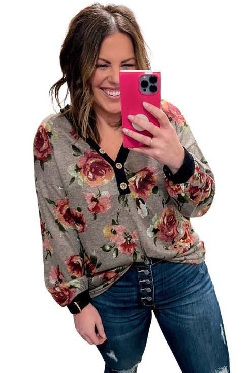 Gray Floral Long Sleeve Plus Size Henley Top