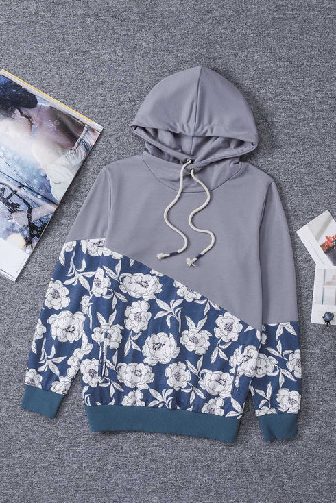 Gray Floral Splicing Cowl Neck Hoodie