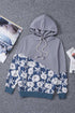 Gray Floral Splicing Cowl Neck Hoodie