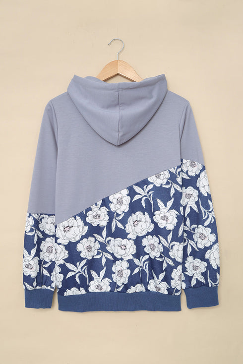 Gray Floral Splicing Cowl Neck Hoodie