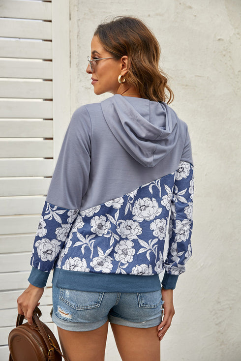 Gray Floral Splicing Cowl Neck Hoodie