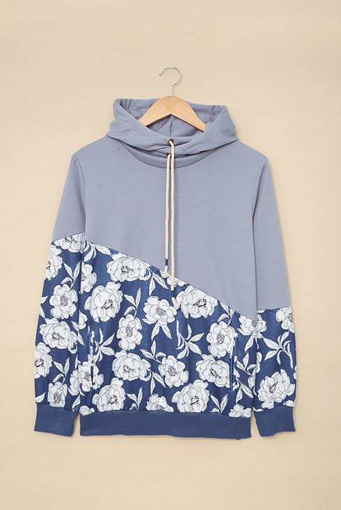 Gray Floral Splicing Cowl Neck Hoodie