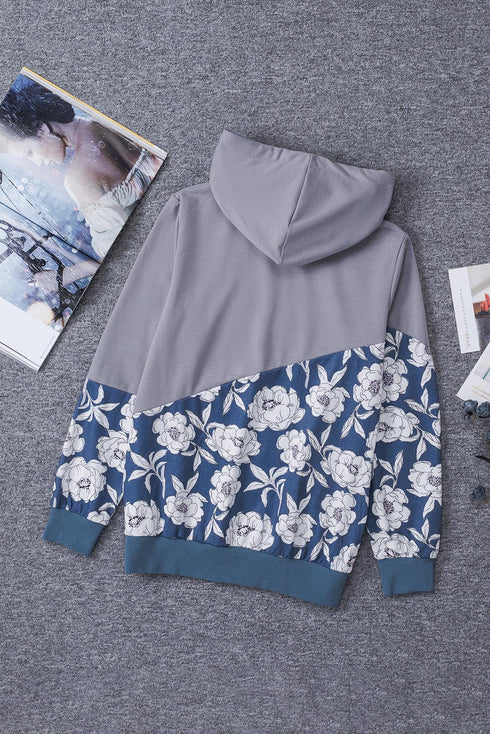 Gray Floral Splicing Cowl Neck Hoodie