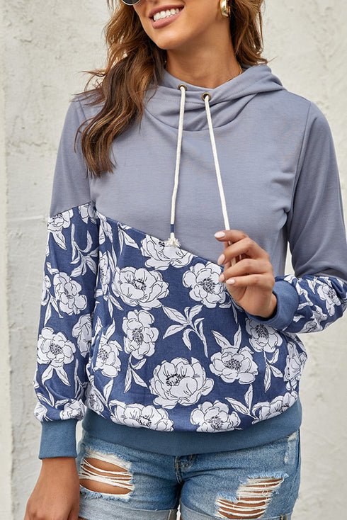 Gray Floral Splicing Cowl Neck Hoodie