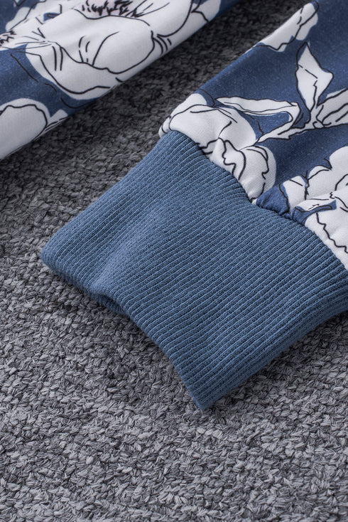 Gray Floral Splicing Cowl Neck Hoodie