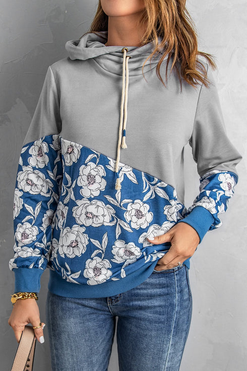 Gray Floral Splicing Cowl Neck Hoodie