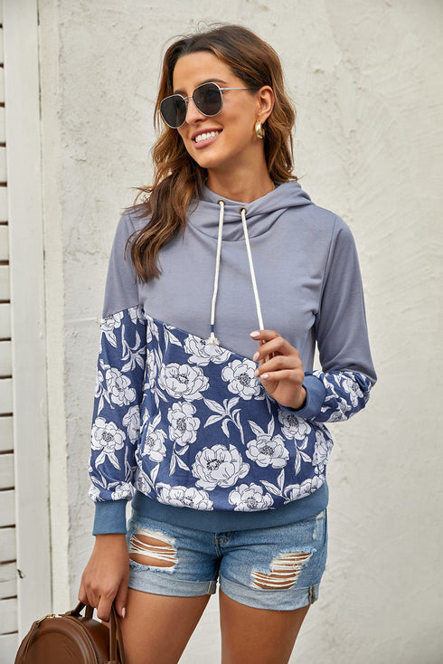 Gray Floral Splicing Cowl Neck Hoodie