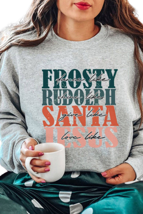 Gray Frosty Rudolph Santa Jesus Long Sleeve Sweatshirt