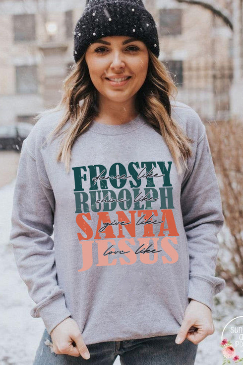 Gray Frosty Rudolph Santa Jesus Long Sleeve Sweatshirt