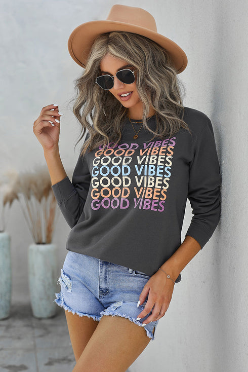 Gray Good Vibes Graphic Pullover Sweatshirt