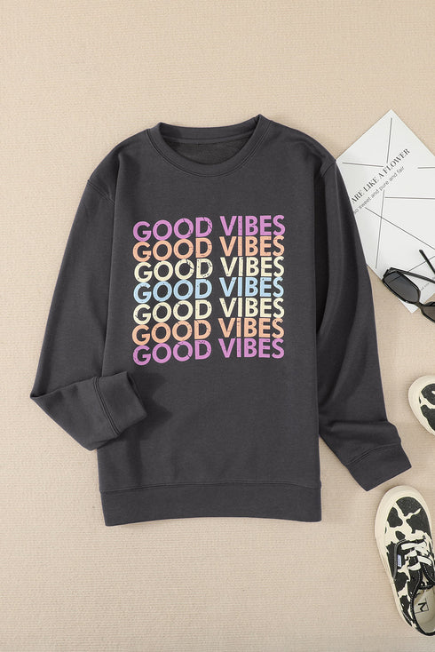 Gray Good Vibes Graphic Pullover Sweatshirt