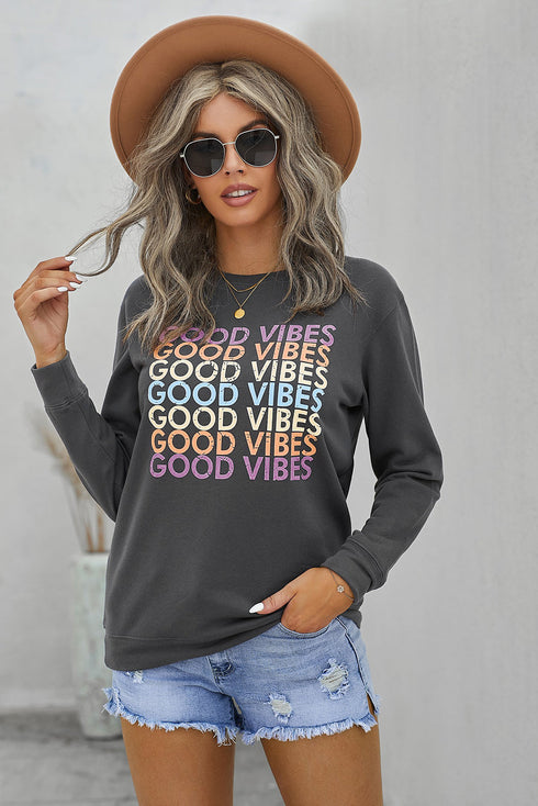 Gray Good Vibes Graphic Pullover Sweatshirt